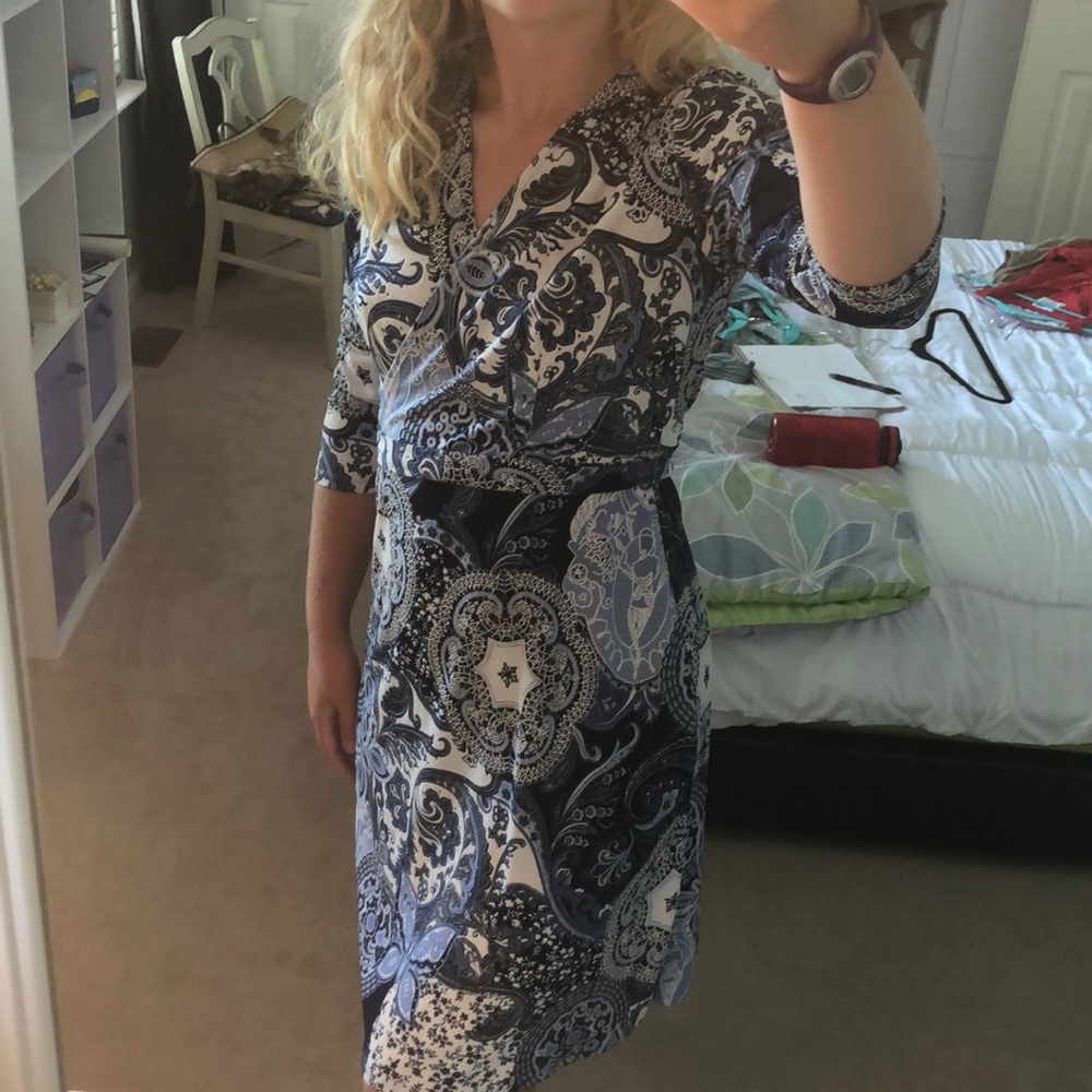 Blue dress (can be a deep v-neck dress)